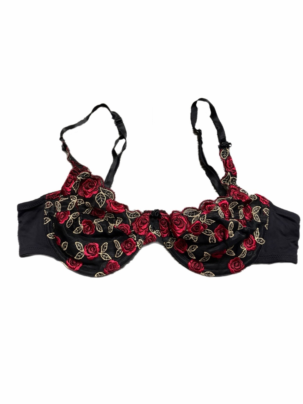 90s French Designer Vintage Chunky Rose Floral Embroidered Bra (Black/Red)34/36B